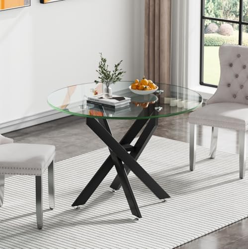 Gnrolaz 36'' Round Glass Dining Table for 2-4, Round Dining Room Table for Small Space, Circular Glass Kitchen Table for 4, X-Shape Black Metal Legs