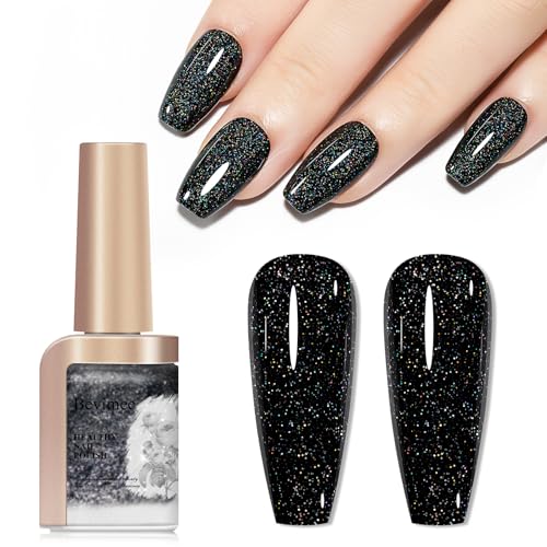 Bevimee Black Glitter Nail Polish Quick Dry Fingernail Polish Air Fast Drying Sparkle Mooncat Nail Pigment Oil-based High Coverage Holographic Nail Lacquer