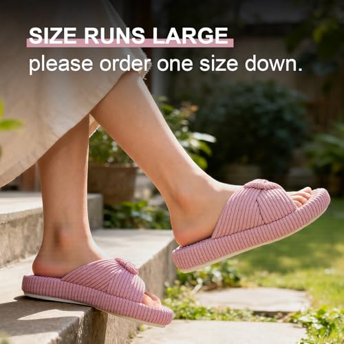 Image of BUNYISCN Slippers for Women Memory Foam Women's Orthopedic Arch Support Open Toe House Bedroom Corduroy Bow Crossbands Slide House Slippers