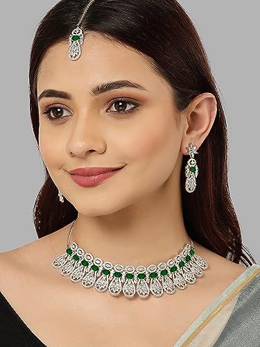 Image of Karatcart Silver Tone Green American Diamond Studded Necklace Set for Women