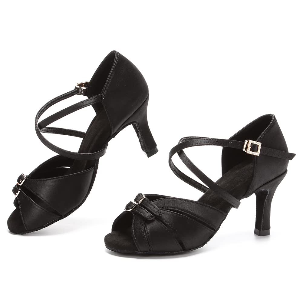 Damen Lateinische Tanzschuhe Satin mit ausgestelltem Absatz Tanzende Sandalen Latein Tanzschuhe,D28-Schwarz-7,EU42