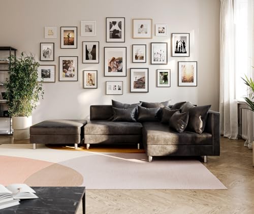 DELIFE Eckcouch Clovis Anthrazit Antik Optik mit Hocker Ottomane Rechts Ecksofa Modular