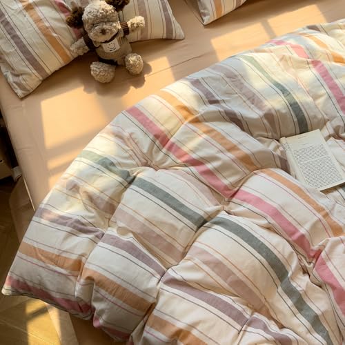 Image of mixinni Vintage Striped Duvet Cover Set Full, 3-Piece 100% Washed Cotton Bedding Set - Soft & Breathable Colorful Comforter Cover with Zipper, All-Season Lightweight Bed Set for Cozy Home