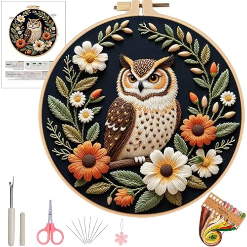 Image of Ohcol Embroidery Kit Cross Stitch Kits for Beginners Needlepoint Kits for Adults Needle Point Kits with Owl & Hoop
