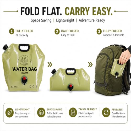 Image of HIKEMAN 8L Collapsible Water Bag with Spigot & Handle - BPA-Free Portable Camping Water Container