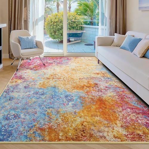 Kelarea Living Room Rug, 5x7 Modern Abstract Washable Rugs, Colorful Non Slip Low Pile Carpet, Stain Resistant Rugs for Bedroom, Dining Room, Nursery, Home Office