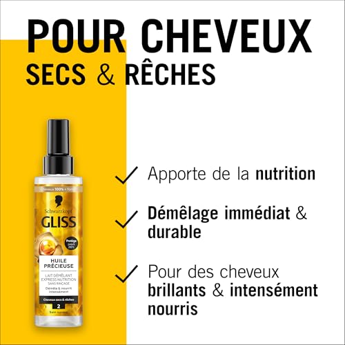 GLISS -Schwarzkopf - Lait Démêlant Express - Huile Précieuse - Nutrition - Protège jusqu'à 230°C - Démêle & Nourrit Intensément - Cheveux Sec & Rêche - Soin Normal - Sans Rinçage - 200ml – Image 5