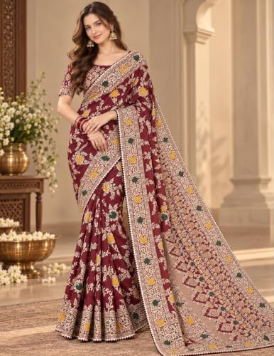 Image of Womens Banarasi Kanjivaram Art Silk Saree | Meenakari Floral Jaal Weave & Scalloped Border | Includes Unstitched Blouse Piece