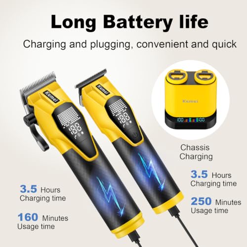 Image of KEMEI 8561 Professional Cordless Hair Clipper and Trimmer Barber Kit | 7300 RPM motors; 160 /250-minute runtimes; dual 2500mAh batteries; LED displays; 6 clipper combs; 5 trimmer guards