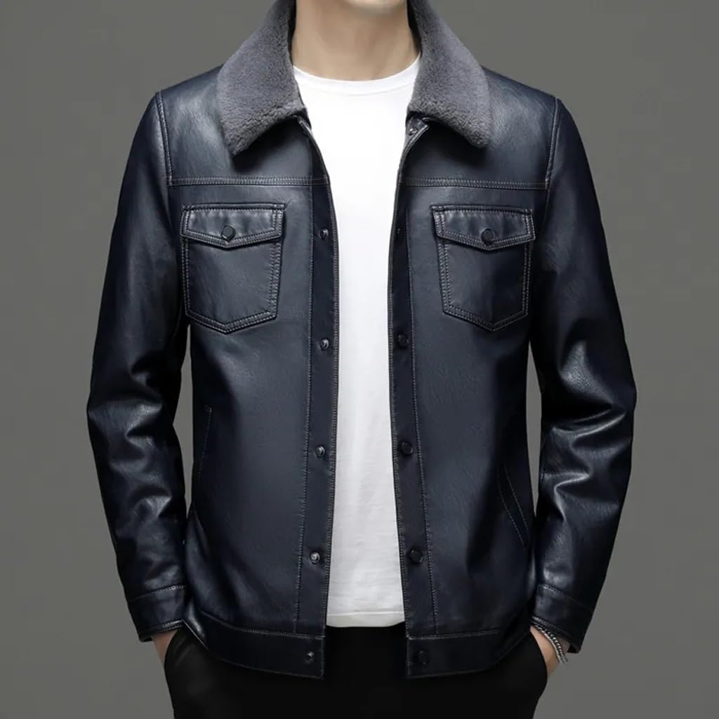 Winter Leather Coat Men's Lapel Collar Leather Jacket Casual Warm Men Down Jackets Coats