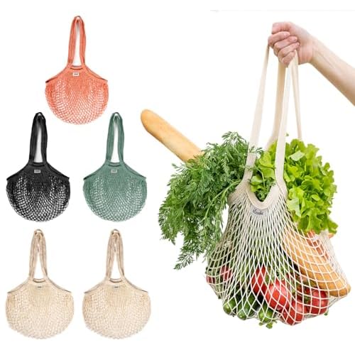 Lemonfilter Mesh Produce Bags, 5 Pack Large Reusable Mesh Grocery Bag Washable Cotton String Organizer Shopping Bags with Handle, Net Tote Bag for Vegetables Fruit Farmers Market Shopping (4
