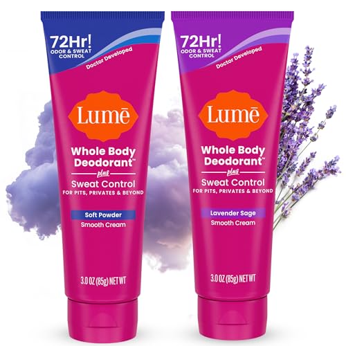 Lume Whole Body Deodorant Plus Sweat Control - Smooth Cream Tube - 72 Hour Odor And Sweat Control - Baking Soda Free, Skin Loving - 3.0 ounce, Pack of 2 (Soft Powder & Lavender Sage)
