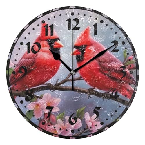 xigua Cardinal Bird Pattern Wall Clock, Silent Non Ticking 10 Inch Battery Operated Wall Clocks, Easy to Read Clock for Home Kitchen Living Room Bathroom Office Decor
