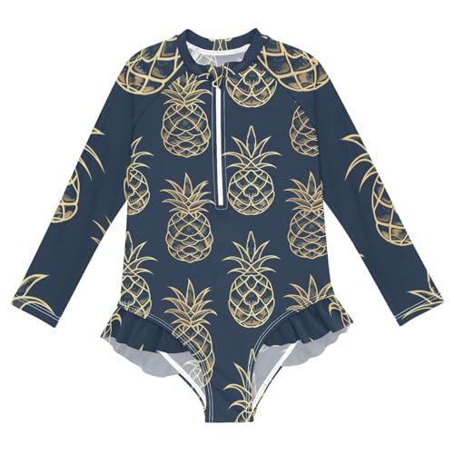 Girls One Piece Swimsuits Long Sleeve Swimsuit Zipper Bathing Suits Gold Pineapple Blue