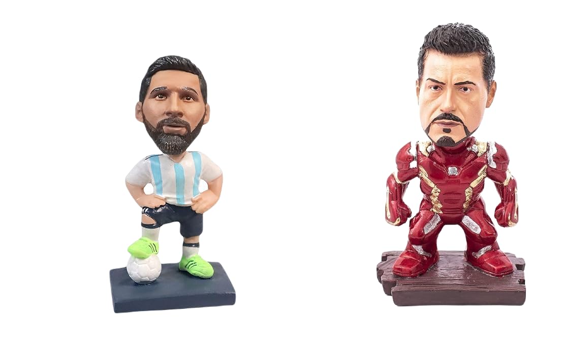 INSAIN Argentinian Football Star & Genius Billionaire Bobblehead Combo (10 cm) | Home Jersey Player & Iconic Hero Action Figure for Car Dashboard, Office Desk & Study Table