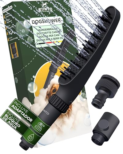 KUNTO® Ducha perro - Ducha para perros con cuatro tipos de chorro - Ducha perros con cerdas de silicona para lavado agradable y eficaz del pelaje - Dog shower con adaptador de manguera