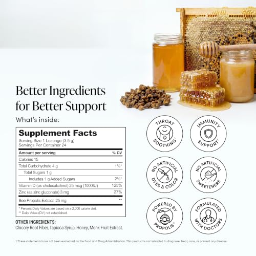 Image of Beekeeper's Naturals Throat Soothing Honey Cough Drops, Zinc + Vit D, 24 Ct | Immune Support with Vitamin D, Zinc and Propolis, Throat Soothing Lozenges