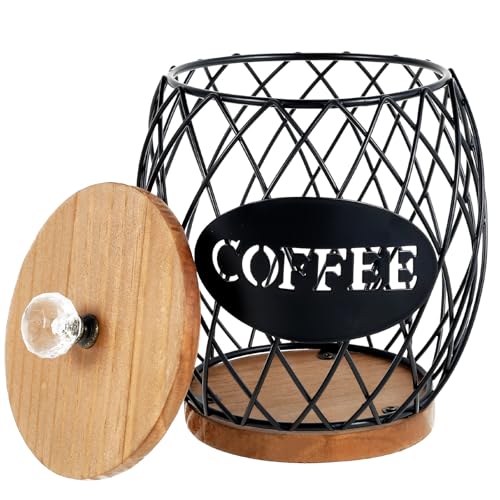 Coffee Pod Basket Holder, Metal Coffee Pod Storage Basket with Dust Cover Hollow Design Large Capacity Modern Decor, Easy to Store Suitable (Black)