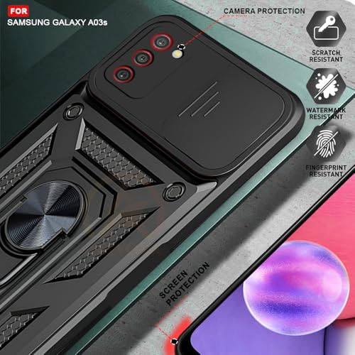 Image of Armor Bumper Back Cover Case for Samsung Galaxy A03s Rotating Camera Cover, Ring Holder & Kickstand | Heavy Duty & 360 Degree Protection Samsung Galaxy A03s Back Cover (Black)
