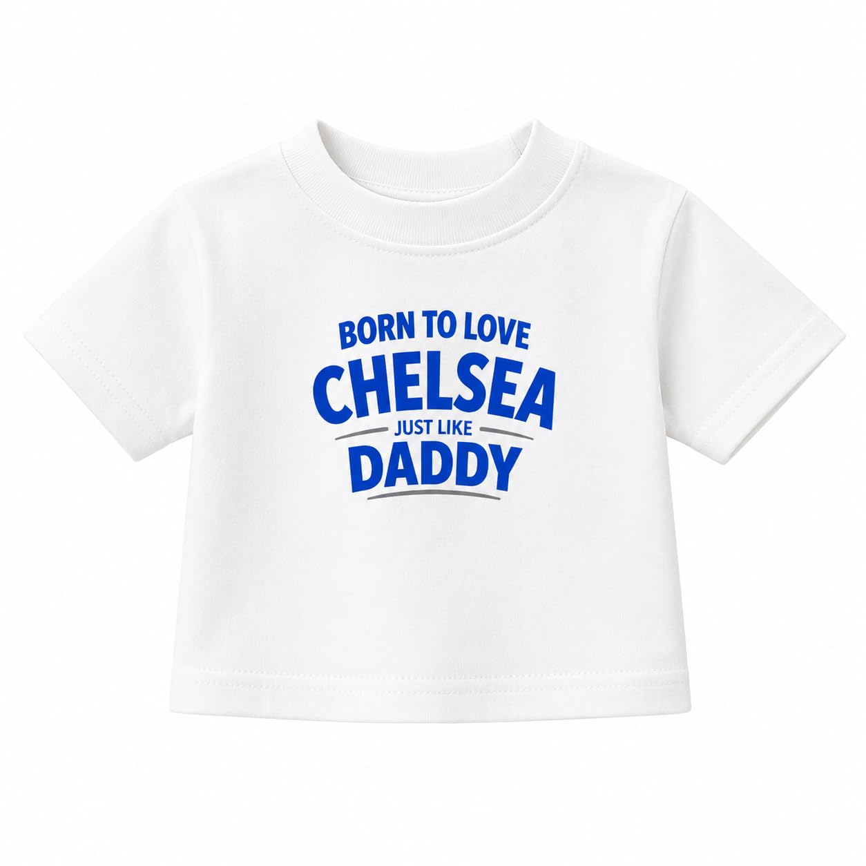 Cheekytots Baby Football T Shirt, Born to Love Chelsea Just Like Daddy, 100% Cotton Baby Tee, Short Sleeve Baby & Toddler Top, Football Top White