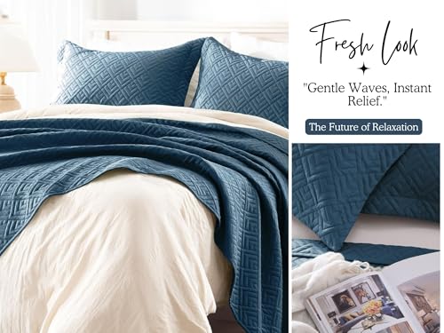 Image of VAS COLLECTIONS 100% Cotton Ultrasonic Quilted King Bedspread Set, 280 TC Soft Lightweight Stitch-Free Coverlet, 90x100 Inches, with 2 Pillow Covers (Blue)
