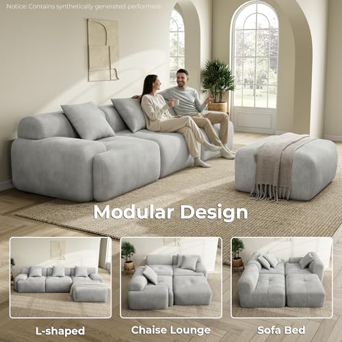Image of LIKIMIO LumiCord 118 inch Tufted Modular Sectional Sofa with Ottoman, Modern L-Shaped Boneless Couch for Living Room, 26.8 inch Deep Seat, 18.1 inch High Seating, 15 inch Wide Armrest, Corduroy, Pebble Grey