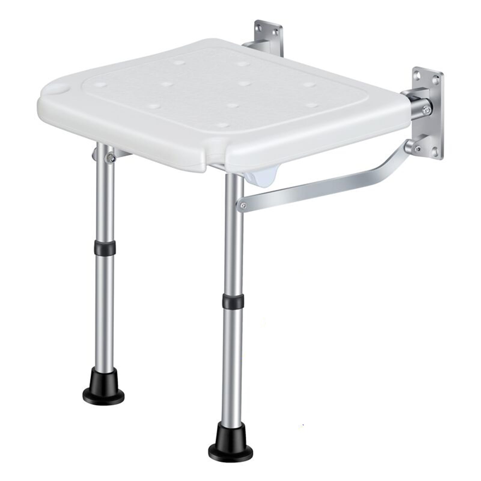 Wall-mounted Folding Shower Seat, 5-position height adjustment, foldable shower chair with a load capacity of 440 pounds, shower head slots on both sides, non-slip feet, and drain holes on the seat