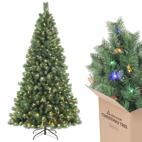 SALCAR 8ft Pre-lit Artificial Christmas Tree 9 Lighting Modes & Remote Control 868 PVC Tips SprucePine Tree with 380 Warm White & Multicolor LEDs 240cm Quick Setup for Festive Holiday Décor