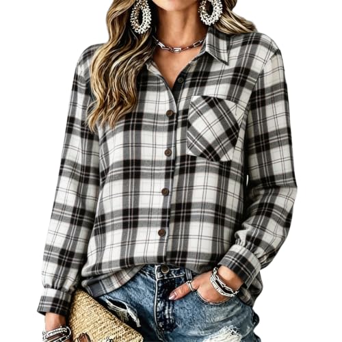 Womens Button Down Blouse Long Sleeve Plaid Stand Collared Tunic Blouses - image 1