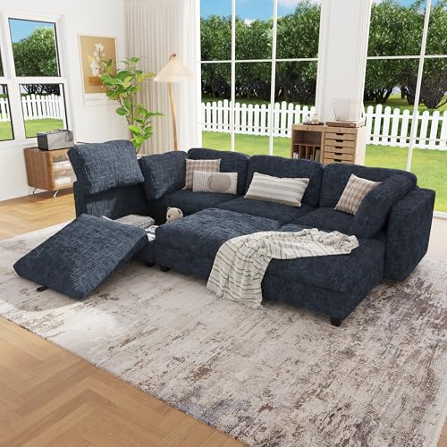 Image of 99 inch Modular Sectional Chenille Sofa bed with Hidden Storage, Comfy Modern 6 Seater Oversized Deep Seat Couch, Modular Sectional with Ottoman and Removable Cover for Living Room, Apartment, Black