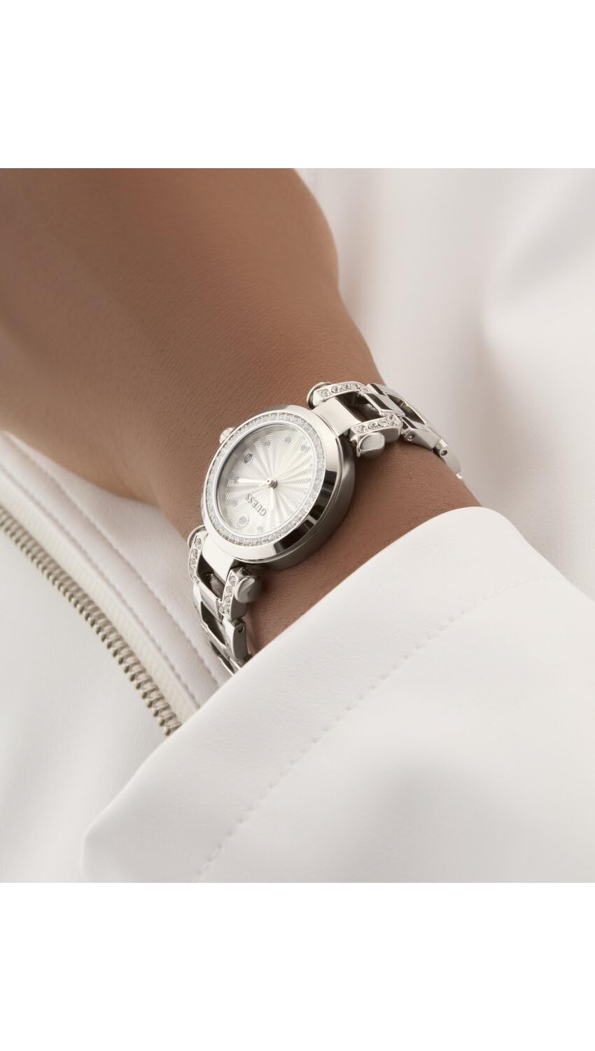 Guess GB Ginger Damen Armbanduhr, Edelstahl, 30 mm, Edelstahlarmband, Silber, 1 bar, Zifferblatt: Silber, Zirkonia, GW0869L3