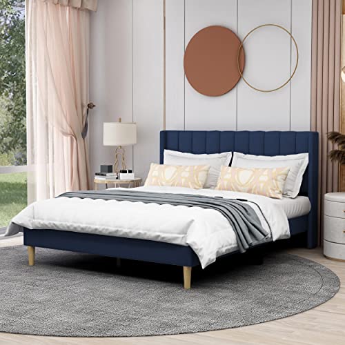 Image of AGARTT Upholstered Platform Bed Frame Queen Size, Blue Velvet