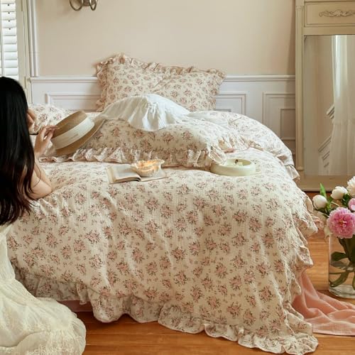 Image of BuLuTu Pink Floral Twin Size Duvet Cover for Girls Kids, Flower Print Comforter Cover with Ruffles, Soft Lightweight Quilt Cover 100% Cotton Muslin, Zipper Closure, 68 inchx86 inch, No Pillowcases