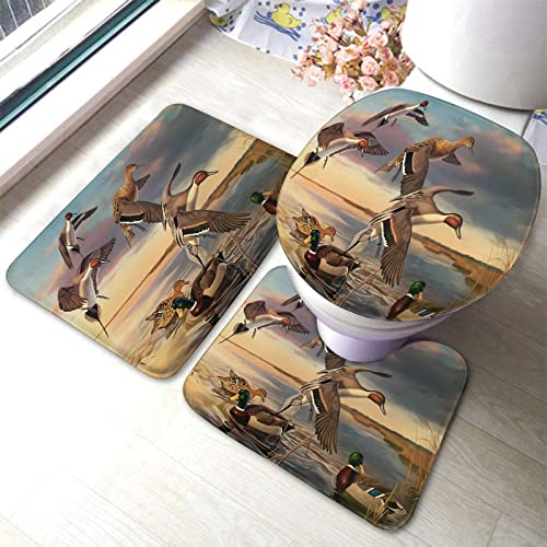 Badezimmerteppich-Set, 3-teilig, Wasservögel-Kunstdrucke, waschbare Badeteppiche, rutschfest, mit Rückenpolster, Konturteppich und Toilettendeckelbezug