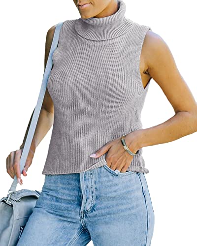 Image of Womens Sleeveless Sweater Vest Turtleneck Ribbed Knit Tank Tops Basic Slim Fit Top