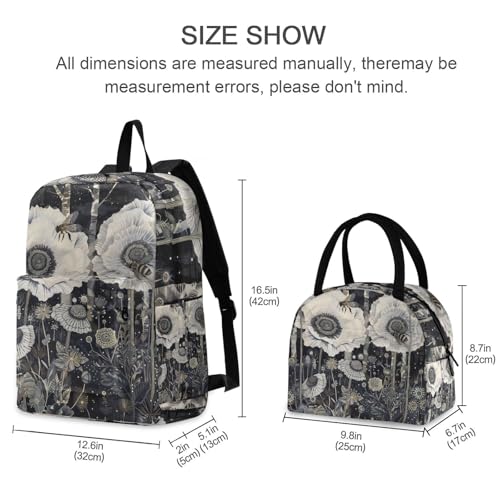 Backpack Lunch Box Set Large Capacity Travel Backpacks and Insulated Lunch Bag for Commute Hiking Picnic Painting Bee Flower Print2
