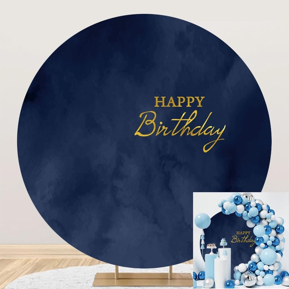 TTQYFNM 7x7ft Navy Blue Happy Birthday Round Backdrop Cover Polyester Navy Blue Marble Texture Birthday Background for Photography Adults Man Birthday