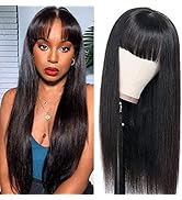 Glowig Straight Human Hair Wigs with Bangs Brazilian Virgin None Lace Front Wigs Glueless Machine...