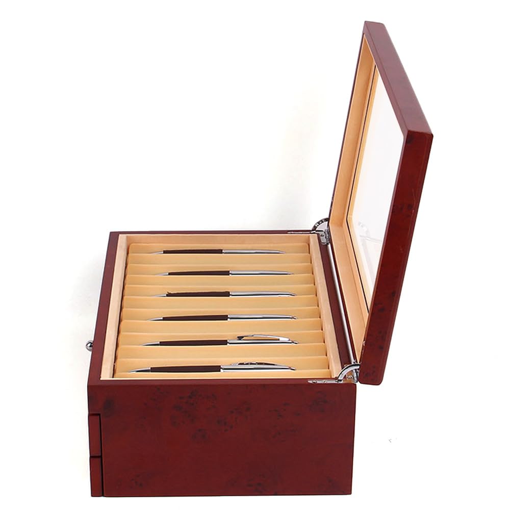 Stiftebox Holz, Aufbewahrungsbox für 34 Stifte Kugelschreiber, Glas-Aufbewahrungsbox mit Deckel, Glasfenster, Stiftsammlung, Vitrine, Stiftköcher