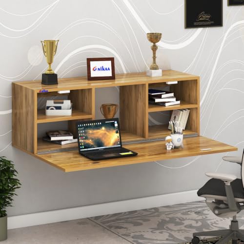 Image of Anikaa EduDesk Wall Mounted Foldable Study Table with Storage Shelves, Floating Wall Desk for Home Office, Laptop & Computer Desk, Engineered Wood, Space-Saving Fold-Down Workstation (DIY Assemble).