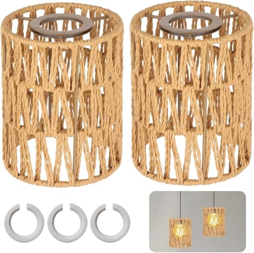 2 Stück Lampenschirm Hängelampe, Rattan Hängelampe Korbgeflecht (H 15cm) mit Lampenschirm-Adapterring, Ersatzschirm Zubehör für Stehlampe, Tischlampe, Pendelleuchten, Deckenlampe (braun)