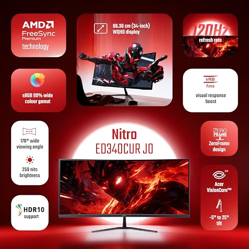 Image of Acer Nitro ED340CUR J0 34 Inch UWQHD Curved Gaming Monitor | 3440x1440 VA Panel | 120Hz (DP) | 1ms VRB | AMD FreeSync Premium | HDR10 | 1500R | 2x HDMI 2.1 + DP 1.4 | Easy Tilt | Speakers | VisionCare