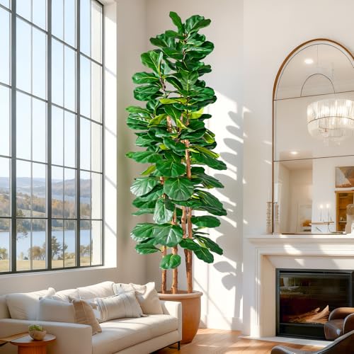 Image of Artificial Fiddle Leaf Fig Tree 7FT, Faux Fig Tree Indoor with Natural Wood Trunk & Realistic Leaves with Moss Pot Fake Ficus Tree Large Faux Floor Plant for Living Room Home Decor, House Plant