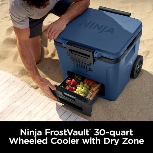 Image of Ninja | Cooler | FrostVault 30QT Cooler with Wheels | Insulated with Temp Dry Storage Drawer | Keeps Ice Cold for Days | for the Beach, Camping, Picnics & More | Lakeshore Blue | FB230BL