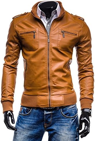 Diorot Men's Simple Stand Collar Zipper Faux Leather Jacket