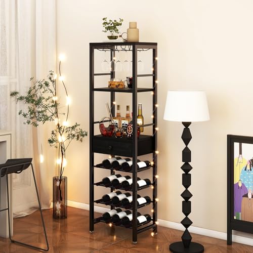 IBUYKE Wine Rack Freestanding Floor,Coffee Bar Cabinet 4-Tier Wood Wine Rack,Glass Holder and Storage Drawer for Home Bar Kitchen Living Room,Black TMJ905B - Image 3