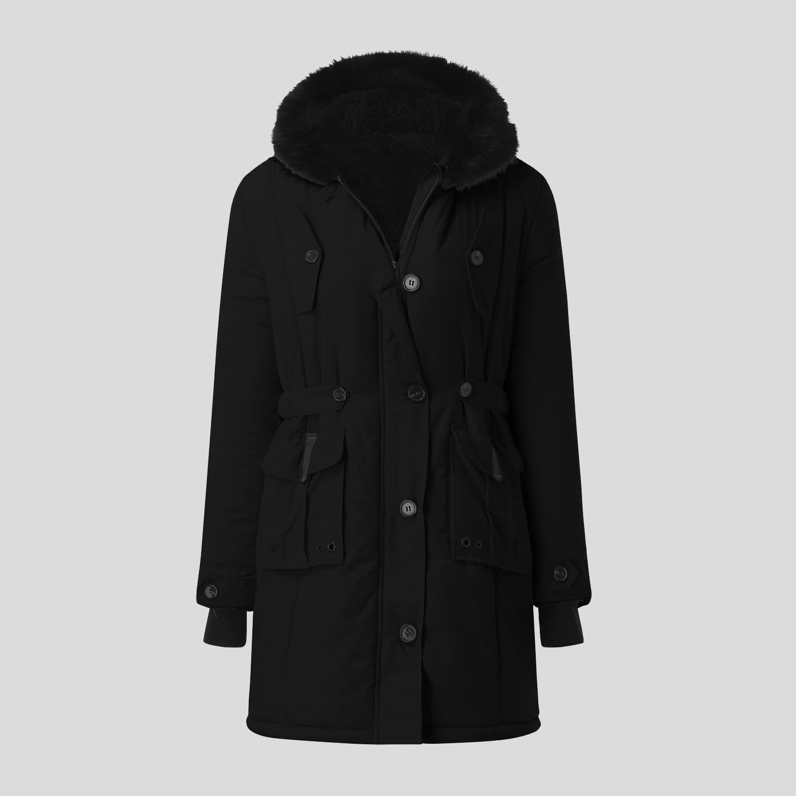 generisch Cappotto invernale da donna, lungo, trapuntato, caldo piumino con cappuccio, invernale, antivento, per outwear spessa, con cerniera, giacca invernale da donna, nero, S