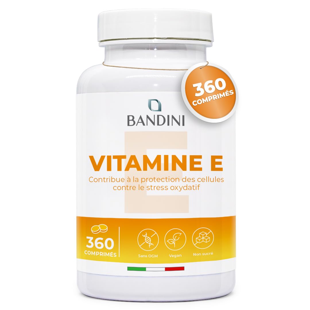 Bandini® Vitamine E pure 360 comprimés - Complément D-alpha tocophérol - Antioxydant naturel pour Peau & Cheveux - Contre le stress oxydatif - 1 comprimé par jour pour 1 an - Alternative aux gélules