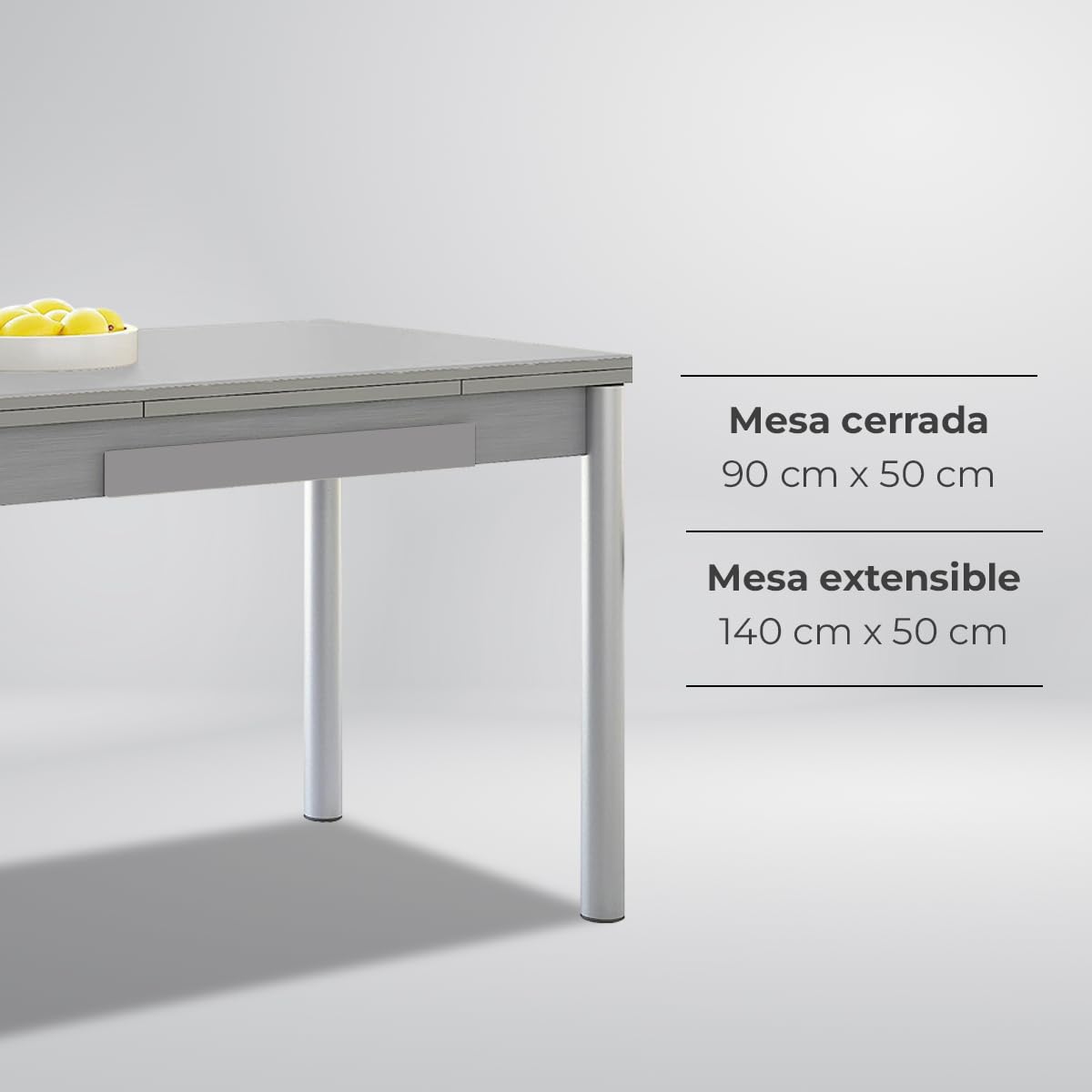 Astimesa - Mesa de Cocina Extensible - Estructura Aluminio Tapa Laminado - Color Gris - Ideal para Espacios Pequeños - Medidas: 90 x 50 cm - Extensible: 140 x 50 cm