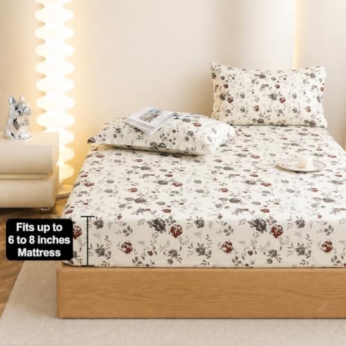 Image of IVAZA Ezyption Cotton Super Soft 240 TC Elastic Fitted All Around Elastic Printed King Size Double Bed Bedsheet with 2 Pillow Cover 72 inch X 78 inch3 Grey Flower